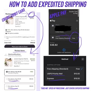 Puede incluir: Un gr&aacute;fico instructivo digital titulado HOW TO ADD EXPEDITED SHIPPING. Muestra capturas de pantalla del proceso de pago de Etsy, destacando los m&eacute;todos de pago con tarjeta y Apple Pay, con flechas moradas se&ntilde;alando las opciones de env&iacute;o.