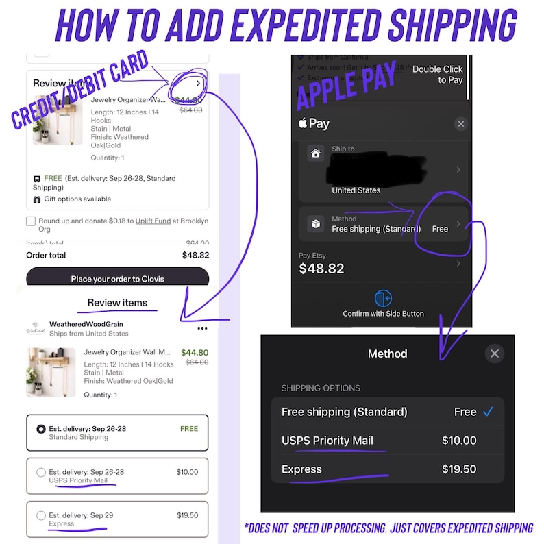 Puede incluir: Un gr&aacute;fico instructivo digital titulado HOW TO ADD EXPEDITED SHIPPING. Muestra capturas de pantalla del proceso de pago de Etsy, destacando los m&eacute;todos de pago con tarjeta y Apple Pay, con flechas moradas se&ntilde;alando las opciones de env&iacute;o.