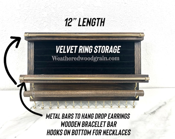 Wall Mount Ring Organizer, Ring Storage, Necklace and Ring Holder 12” Length