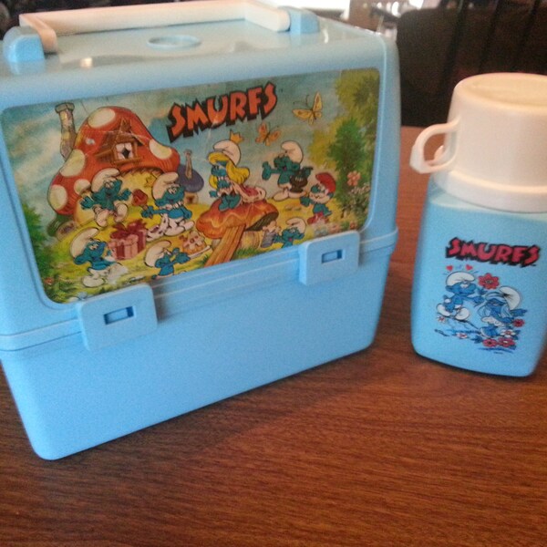 Vintage Smurf Top Loading Lunch Box with Thermos