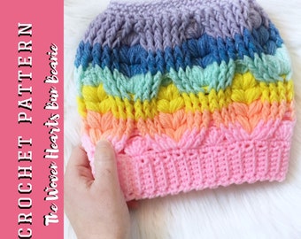 The Woven Hearts BUN Beanie PATTERN Messy Bun Beanie Pattern *Cable Bun Beanie*  Crochet Pattern Puff Stitch, Cable, Heart Puff  PDF photos