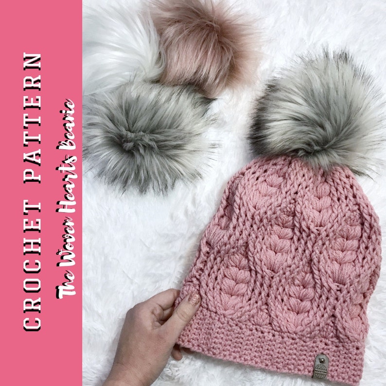 The Woven Hearts Beanie PATTERN Cable Slouch Beanie Puff Stitch, Cable Beanie, Heart Puff Crochet Pattern PDF photos image 1