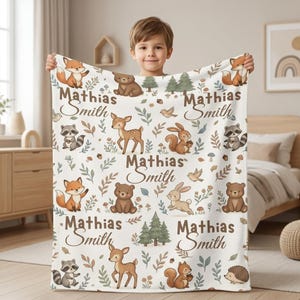 Personalized Woodland Animal Baby Blanket, Custom Name Fox Deer Bear Nursery Gift, Newborn Baby Shower Present, Toddler Keepsake Blanket