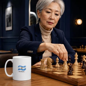 Puede incluir: Una taza de cerámica blanca con una bandera pintada de franjas horizontales azul claro y blanco con un emblema de sol amarillo en el centro, acompañada por el texto negro "+54 forever..." impreso en el lateral de la taza, sobre una mesa de madera.
