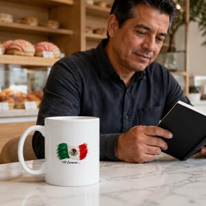 Puede incluir: Una taza de cerámica blanca con un gráfico estilo pincelada de la bandera de México y el texto +52 forever debajo. La taza tiene una forma cilíndrica estándar con un asa curva en el lateral y está colocada sobre una superficie.