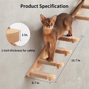 May include: A wall-mounted wooden cat staircase with four steps, each wrapped in beige sisal rope. The steps have a 1-inch thickness, a width of 8.7 inches, and a total length of 15.7 inches. A brown cat stands on the second step of the structure.