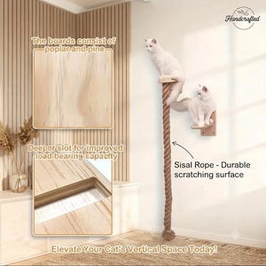 May include: A wall-mounted cat climbing system featuring light-colored poplar and pine wood boards with deep slots for support and a long, thick sisal rope for scratching. Two white cats are positioned on the wooden platforms and the rope.