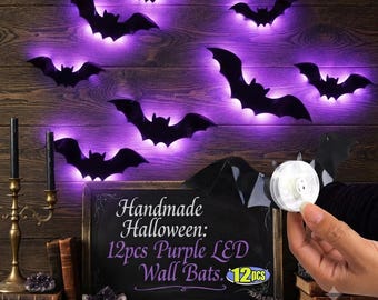 Halloween LED Bat Wall Stickers 3D Decor | Purple Glow Window & Party Display Supplies | 12 Set Self-Adhesive PVC Spooky Home Ornaments