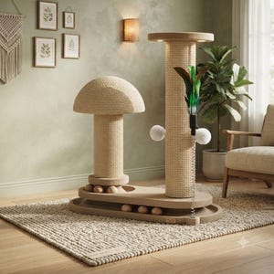 May include: A beige cat tree featuring a mushroom-shaped scratching post, a tall cylindrical scratching post, and a base with a track containing wooden balls. A spring-mounted toy with green and brown feathers and two white pom-poms is attached.