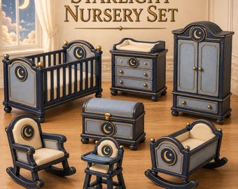 May include: A miniature Starlight Nursery Set featuring a crib, changing table, wardrobe, toy chest, rocking chair, high chair, and cradle. Each piece is dark blue with light blue panels, gold accents, and a moon and star emblem motif.