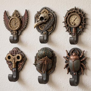 Può includere: Un set di sei ganci da parete decorativi con design complessi che includono un orologio alato, un teschio di uccello con ingranaggi, un manometro, una chiave di carica, un dirigibile e uno scarabeo, rifiniti in toni bronzo e grigio scuro.