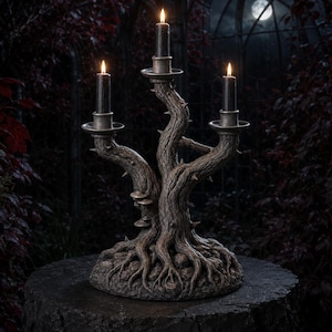 May include: A three-armed candelabra sculpted to resemble a gnarled, thorny tree trunk with exposed roots and small fungi growing on the side. The base supports three metal candle cups, each holding a lit black pillar candle with a bright flame.