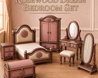 May include: A miniature bedroom furniture set labelled Rosewood Dream Bedroom Set, featuring a bed with a cream upholstered headboard, a wardrobe, a vanity with an oval mirror, a matching stool, a floor mirror, a nightstand, and a storage chest.