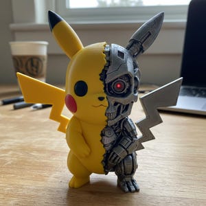 May include: A stylized figurine featuring a split design. One half is a yellow creature with a round black eye, a red cheek, and a lightning bolt tail. The other half is a metallic silver robotic skeleton with exposed gears and a glowing red eye.