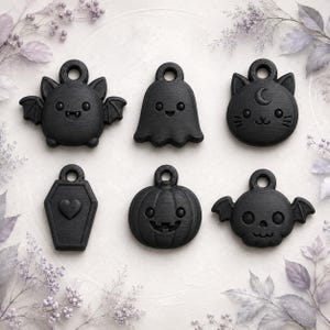 May include: A set of six matte black charms featuring Halloween-themed shapes including a bat, a ghost, a cat with a crescent moon, a coffin with a heart, a jack-o'-lantern, and a skull with wings, each with a circular loop at the top.