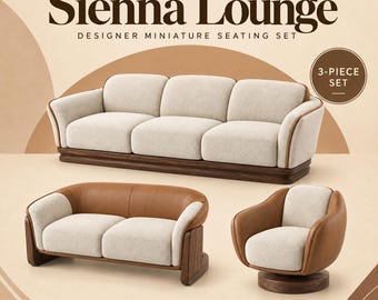May include: A 3-piece miniature seating set titled Sienna Lounge, featuring a three-seat sofa, a loveseat, and an armchair. The furniture pieces have cream-colored textured upholstery, brown leather-like accents, and dark wood bases.