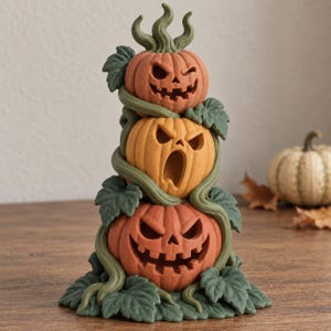 May include: A vertical stack of three carved pumpkins with varying facial expressions, including a winking top pumpkin, a screaming middle pumpkin, and a grinning bottom pumpkin, all intertwined with sculpted green vines and leaves.