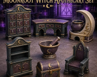 May include: The Moonroot Witch Apothecary Set includes a nine-drawer cabinet, a desk with three drawers, a crescent moon stand with a cauldron, an open shelf unit, a mortar and pestle, a small chest, and a chair, all featuring purple and dark grey tones.