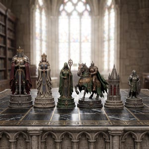 Può includere: Un set di sei pezzi degli scacchi a tema fantasy su una scacchiera in marmo bianco e nero. I pezzi includono un re in armatura, una regina in abito, una figura incappucciata con bastone, un cavaliere a cavallo, una torre e un soldato con scudo.