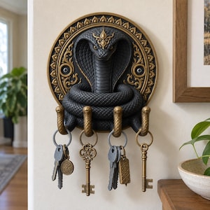 Puede incluir: Un llavero de pared circular con una cobra negra de capucha desplegada centrada en una placa decorativa dorada. Cuatro ganchos dorados con forma de serpiente sobresalen de la parte inferior, cada uno sosteniendo varias llaves y llaveros.