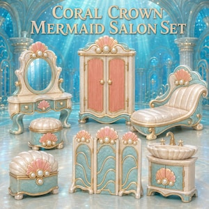May include: A miniature dollhouse furniture collection titled Coral Crown Mermaid Salon Set, featuring a vanity with mirror, wardrobe, chaise lounge, sink vanity, folding screen, and two ottomans, all decorated with shell motifs and pearl accents.