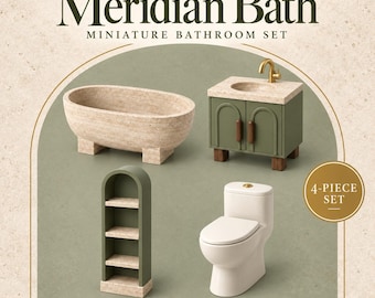 May include: A 4-piece miniature bathroom set titled The Miniature Collection Meridian Bath. The set includes a beige stone-textured bathtub, a green vanity with a beige countertop and gold faucet, a green arched shelving unit, and a white toilet.