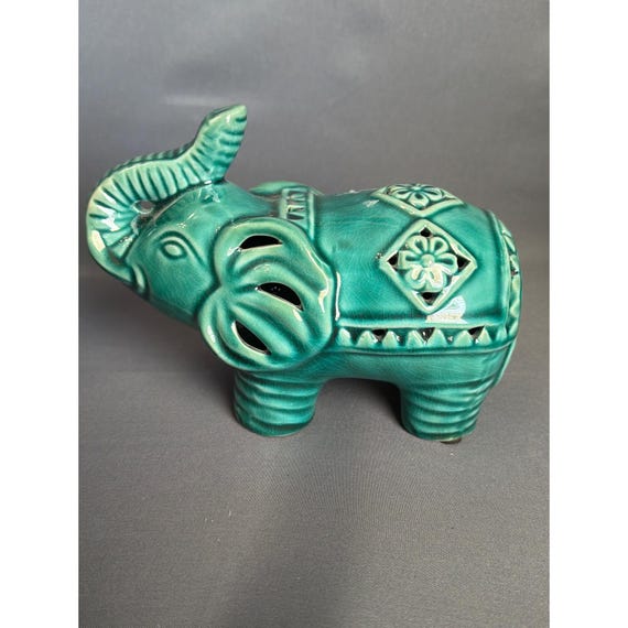 Vintage Teal Green Crackle Glaze Ceramic Elephant Figurine Lucky Trunk Up Decor