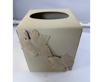 Vintage Metal Square Tissue Box Cover Cream Maple Leaf Autumn Decor