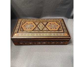 Vintage Khatam Marquetry Inlay Wood Box Geometric Mosaic Keepsake Box