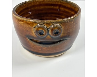 Vintage Studio Pottery Face Bowl Brown Glazed Whimsical Character Dish Signed
