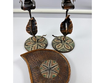 D. Malka Israel Brutalist Copper Mosaic Candle Holders and Hammered Dish Set
