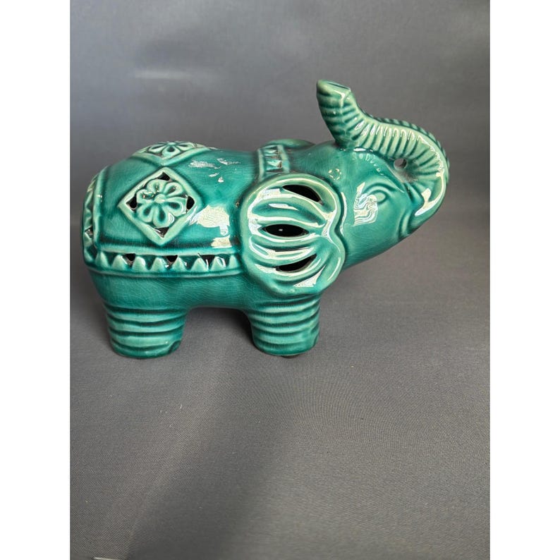 Vintage Teal Green Crackle Glaze Ceramic Elephant Figurine Lucky Trunk Up Decor image 3