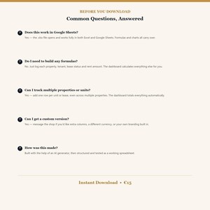May include: A digital document titled Before You Download Common Questions, Answered. It lists five frequently asked questions about spreadsheet compatibility, formula automation, property tracking, customization options, and the creation process.