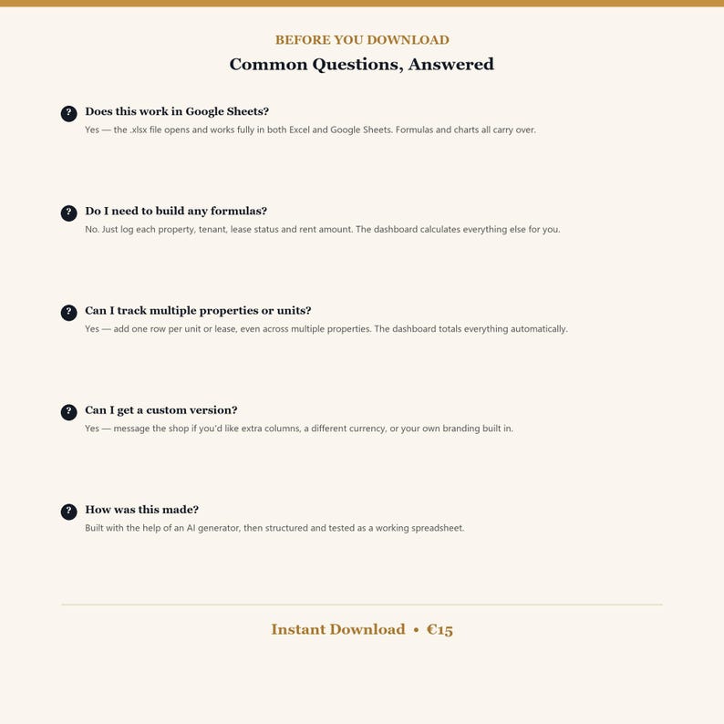 May include: A digital document titled Before You Download Common Questions, Answered. It lists five frequently asked questions about spreadsheet compatibility, formula automation, property tracking, customization options, and the creation process.