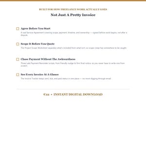 Pu&ograve; includere: Un documento digitale intitolato Built For How Freelance Work Actually Goes, Not Just A Pretty Invoice. Elenca funzionalit&agrave; come Agree Before You Start, Scope It Before You Quote, Chase Payment Without The Awkwardness e See Every Invoice At A Glance.