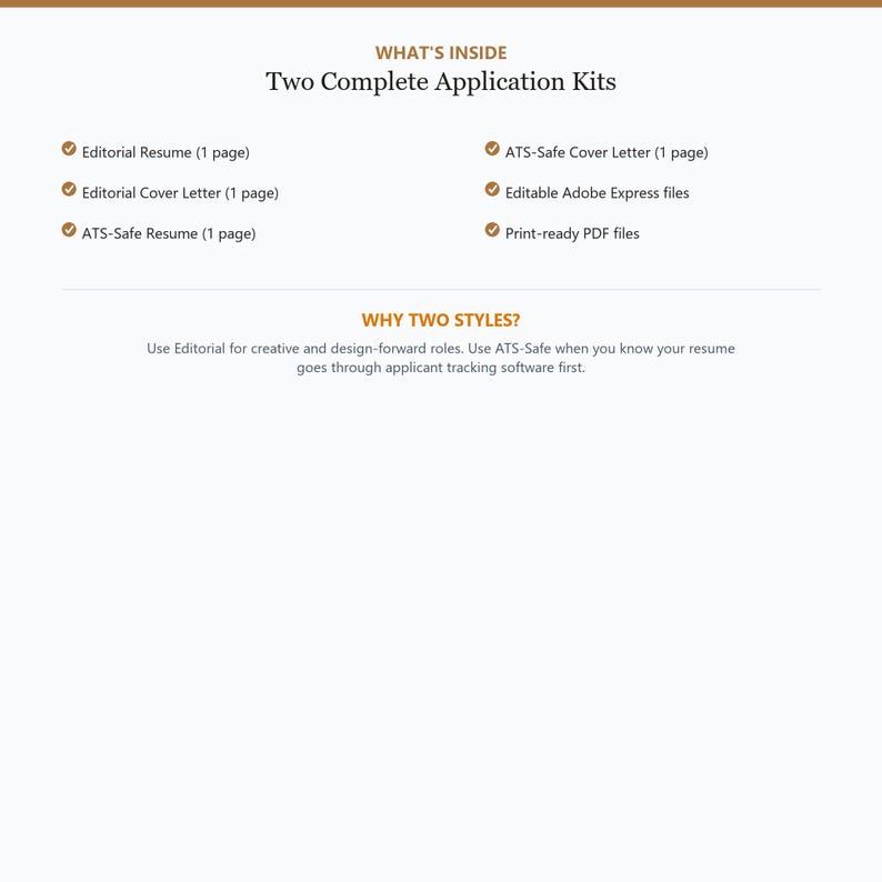 May include: A digital document listing the contents of two application kits, including an editorial resume, editorial cover letter, ATS-safe resume, ATS-safe cover letter, editable Adobe Express files, and print-ready PDF files, with usage advice.