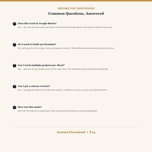 K&ouml;nnte beinhalten: Ein digitales Informationsblatt mit dem Titel Before You Download Common Questions, Answered. Es listet f&uuml;nf h&auml;ufig gestellte Fragen zur Tabellenkalkulationskompatibilit&auml;t, Formelanforderungen, Projektverfolgung und Anpassungsm&ouml;glichkeiten auf.