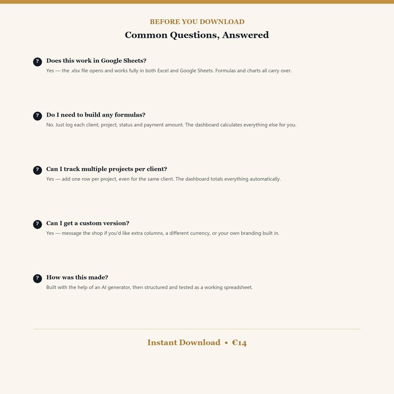 K&ouml;nnte beinhalten: Ein digitales Informationsblatt mit dem Titel Before You Download Common Questions, Answered. Es listet f&uuml;nf h&auml;ufig gestellte Fragen zur Tabellenkalkulationskompatibilit&auml;t, Formelanforderungen, Projektverfolgung und Anpassungsm&ouml;glichkeiten auf.