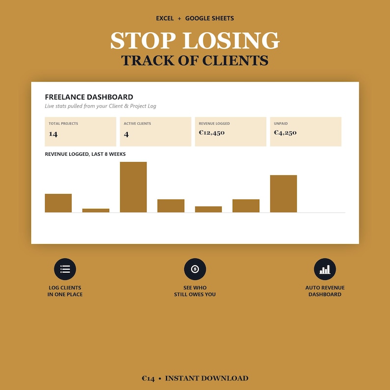 K&ouml;nnte beinhalten: Eine digitale Freelance-Dashboard-Vorlage f&uuml;r Excel und Google Sheets auf senfgelbem Hintergrund. Sie zeigt Projektstatistiken, Einnahmen und unbezahlte Rechnungen mit einem Balkendiagramm. Text: STOP LOSING TRACK OF CLIENTS und 14 Projekte.