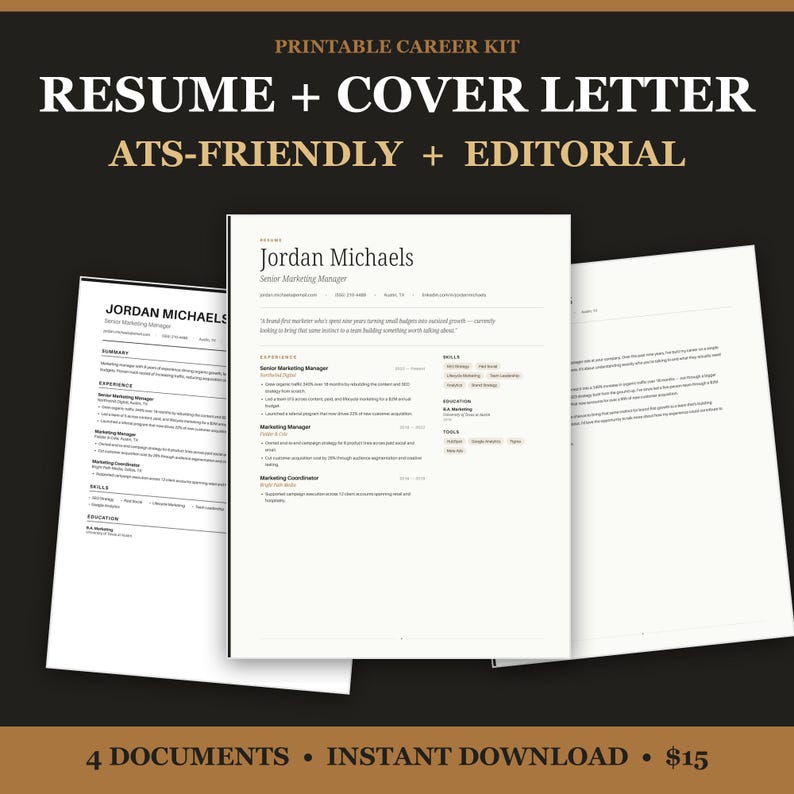 May include: A printable career kit featuring a resume and cover letter template. The documents are white with black text, displaying the name Jordan Michaels, professional experience, skills, and education. The text reads PRINTABLE CAREER KIT RESUME + COVER LETTER ATS-FRIENDLY + EDITORIAL.