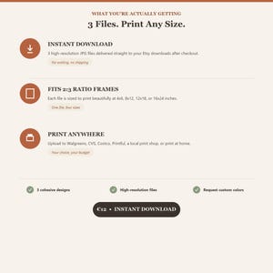 May include: An informational graphic with a cream background and dark brown text. It details a digital product offering 3 high-resolution JPG files for instant download, compatible with 2:3 ratio frames in sizes 4x6, 8x12, 12x18, and 16x24 inches.