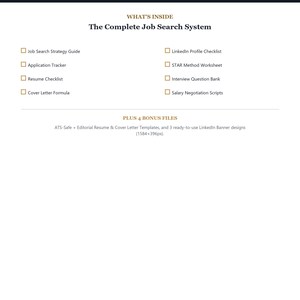 Op de afbeelding: Een digitaal document getiteld The Complete Job Search System met een lijst van de inhoud, waaronder een Job Search Strategy Guide, Application Tracker, Resume Checklist, Cover Letter Formula, LinkedIn Profile Checklist, STAR Method Worksheet, Interview Question Bank en Salary Negotiation Scripts, plus 4 bonusbestanden inclusief ATS-Safe sjablonen en 3 LinkedIn bannerontwerpen in 1584x396px.