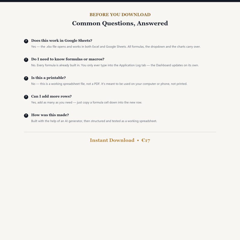 Może przedstawiać: Dokument informacyjny zatytułowany BEFORE YOU DOWNLOAD Common Questions, Answered. Zawiera pięć pytań dotyczących kompatybilności z Google Sheets, formuł, możliwości drukowania, dodawania wierszy i metody tworzenia, zakończony tekstem Instant Download.