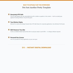 May include: A digital resume template product page featuring the text BUILT TO ACTUALLY GET YOU INTERVIEWS and Not Just Another Pretty Template. It lists features including Genuinely ATS-Safe, Two Distinct Styles, Edit However You Like, and Personal Use License.