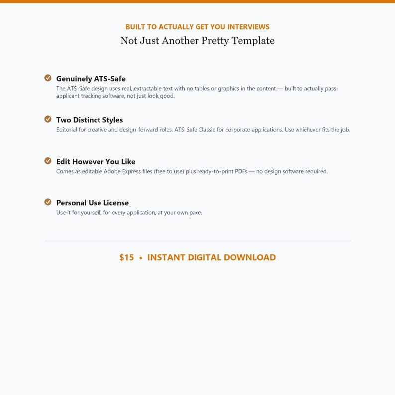 May include: A digital resume template product page featuring the text BUILT TO ACTUALLY GET YOU INTERVIEWS and Not Just Another Pretty Template. It lists features including Genuinely ATS-Safe, Two Distinct Styles, Edit However You Like, and Personal Use License.