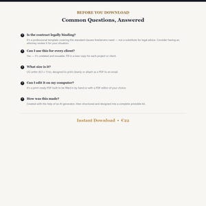 Pu&ograve; includere: Un documento digitale intitolato Before You Download Common Questions, Answered. Elenca cinque domande su vincoli legali, utilizzo con i clienti, formato US Letter 21,59 x 27,94 cm, modifica al computer e creazione di un modello di contratto.