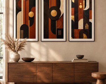 Afro Luxury Wall Art Set of 3 | African Modern Geometric Printable Art | Terracotta Gold Boho Digital Download Prints