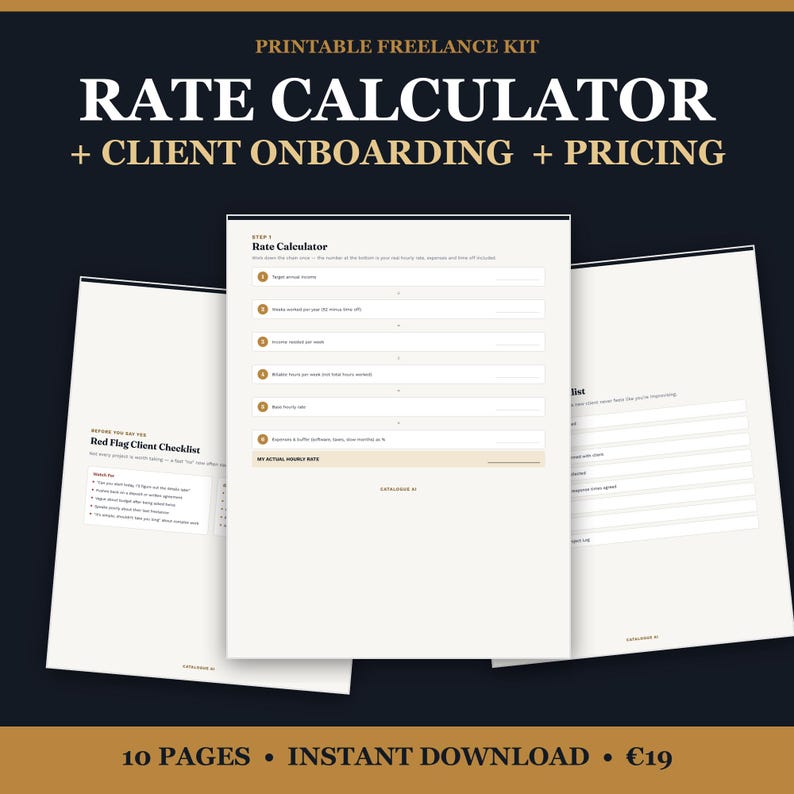 May include: A printable freelance kit featuring a rate calculator, client onboarding, and pricing documents. The pages are white with black text, including a Red Flag Client Checklist and a Rate Calculator form with numbered input fields.