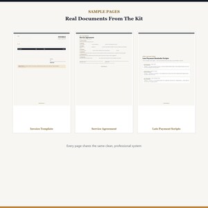 Pu&ograve; includere: Tre modelli di documenti intitolati Invoice Template, Service Agreement e Late Payment Scripts. Le pagine presentano testo nero su sfondo chiaro con un layout pulito. L'intestazione recita SAMPLE PAGES Real Documents From The Kit.