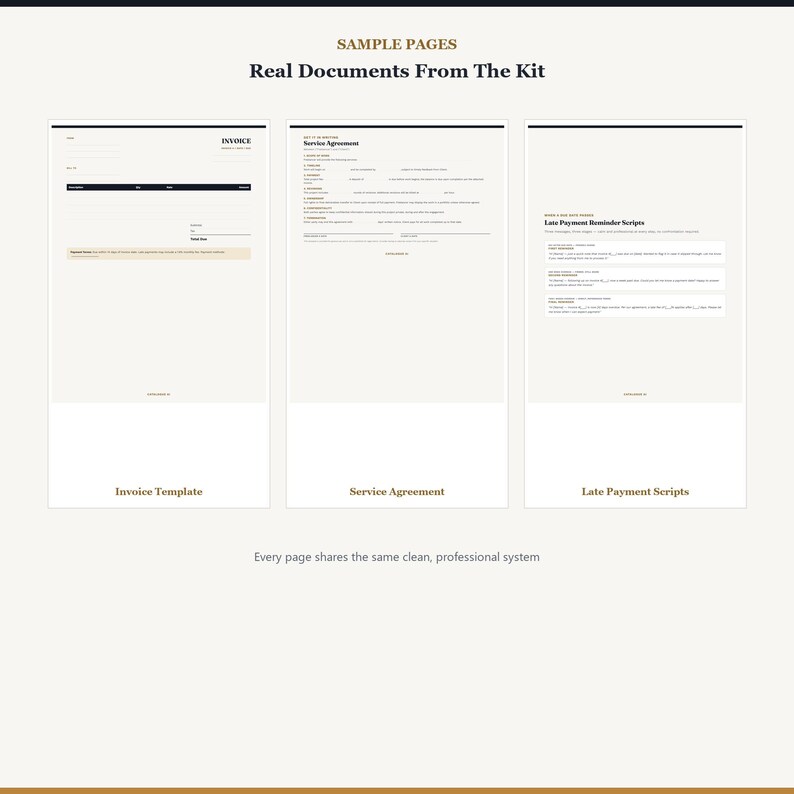 Pu&ograve; includere: Tre modelli di documenti intitolati Invoice Template, Service Agreement e Late Payment Scripts. Le pagine presentano testo nero su sfondo chiaro con un layout pulito. L'intestazione recita SAMPLE PAGES Real Documents From The Kit.